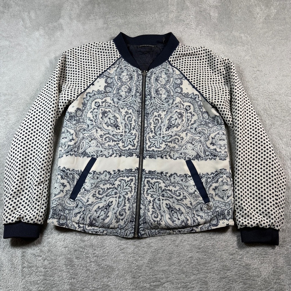 Maison Scotch Reversible Bomber Jacket Womens 1 White Paisley Quilted Full Zip
